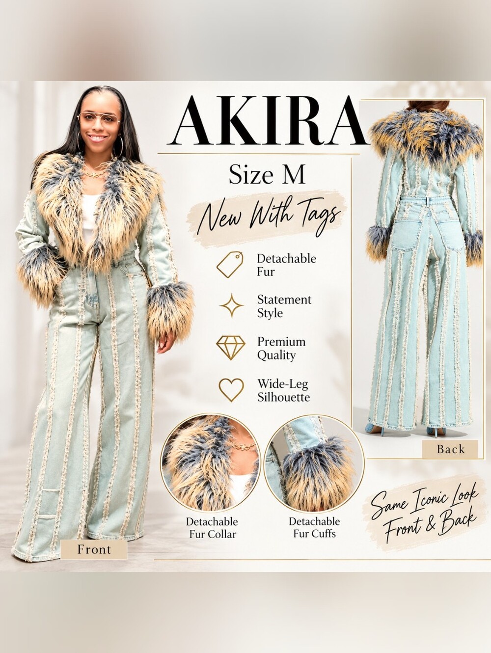 Akira Women’s Denim Wide-Leg Jumpsuit with Detachable Fur Trim - Size M